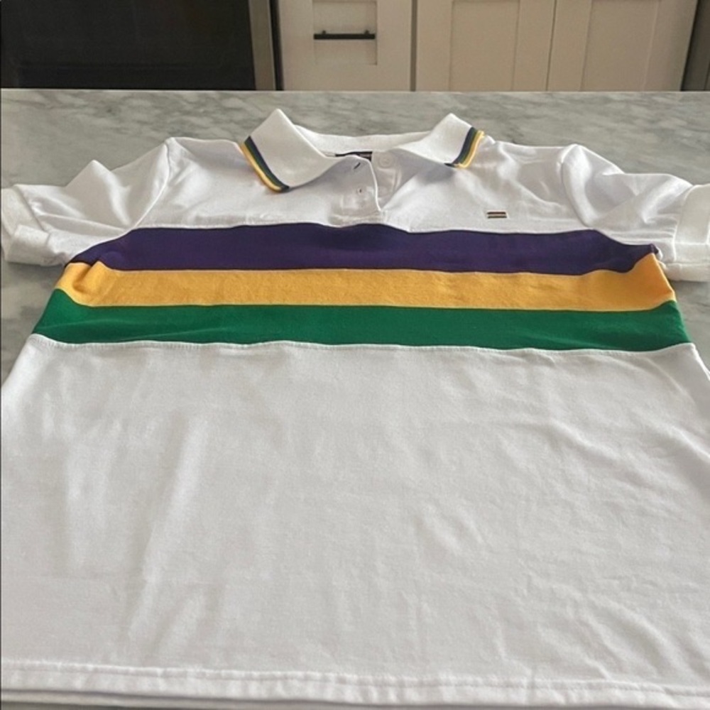 White Polo Shirt with Purple, Yellow, and Green Stripes